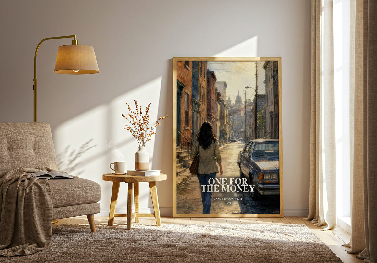 One for the Money watercolour print in frame leaning in hallway – crime wall art (mockup)