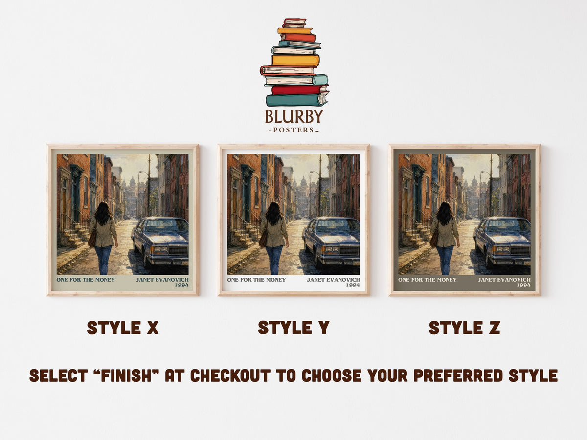 One for the Money literary print in frame leaning in hallway – crime wall art (mockup)