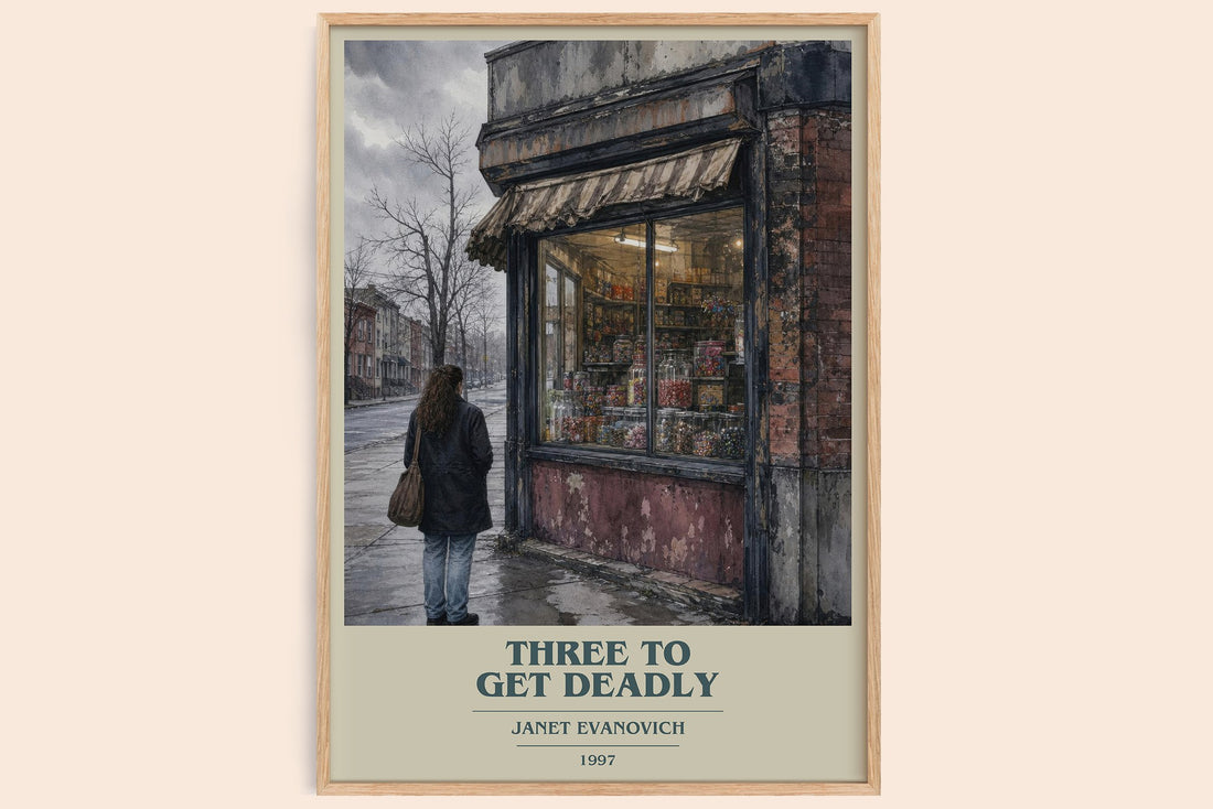 Three to Get Deadly book cover book poster by Janet Evanovich – framed literary art print