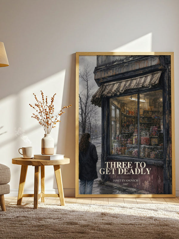Three to Get Deadly watercolour print in frame leaning in hallway – mystery wall art