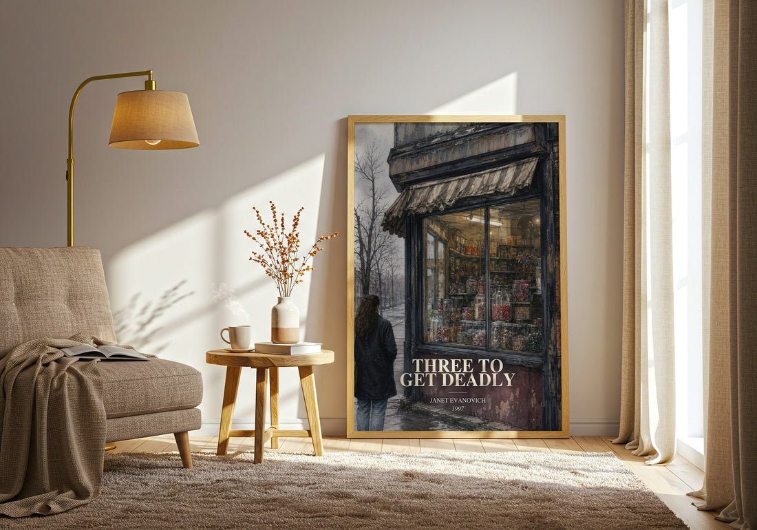 Three to Get Deadly watercolour print in frame leaning in hallway – mystery wall art (mockup)