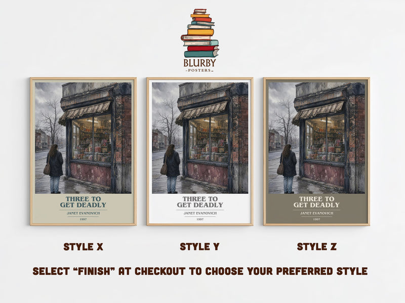 Three to Get Deadly book cover print in frame leaning in hallway – mystery wall art