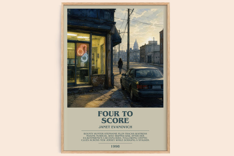 Four to Score bookish book poster by Janet Evanovich – framed literary art print