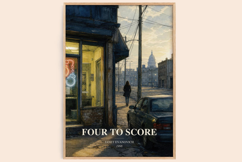 Four to Score watercolour book poster by Janet Evanovich – framed literary art print