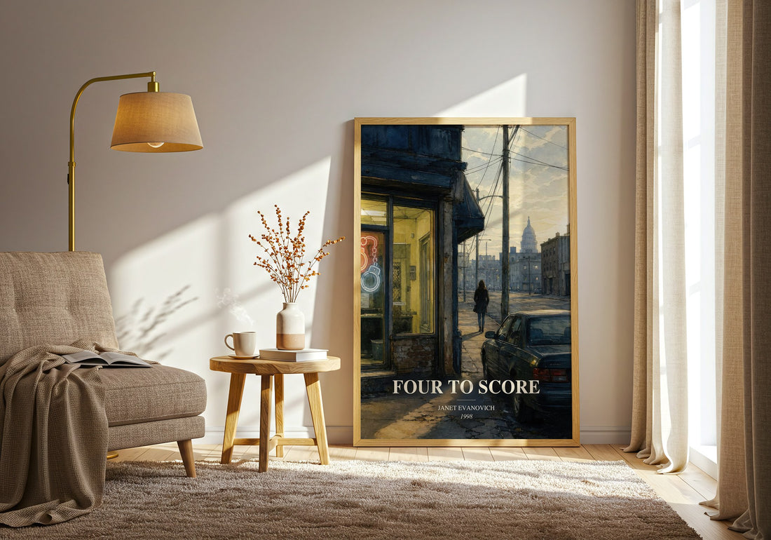Four to Score watercolour print in frame leaning in hallway – mystery wall art (mockup)