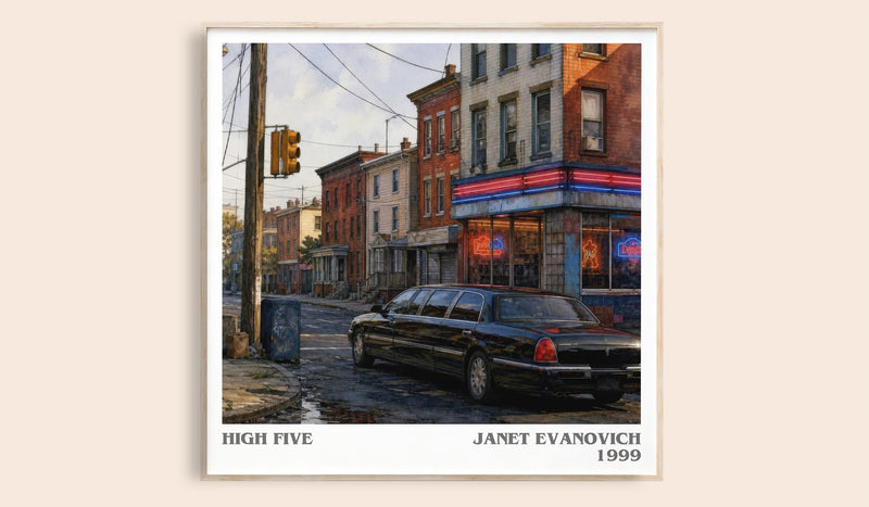 High Five literary book poster by Janet Evanovich – framed literary art print