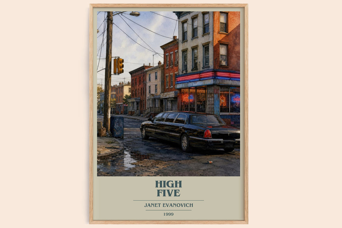 High Five book cover book poster by Janet Evanovich – framed literary art print