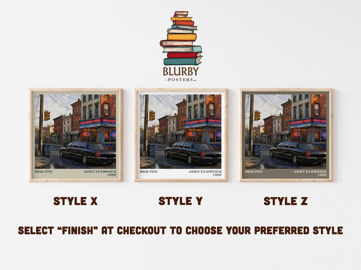 High Five literary print in frame leaning in hallway – mystery wall art (mockup)