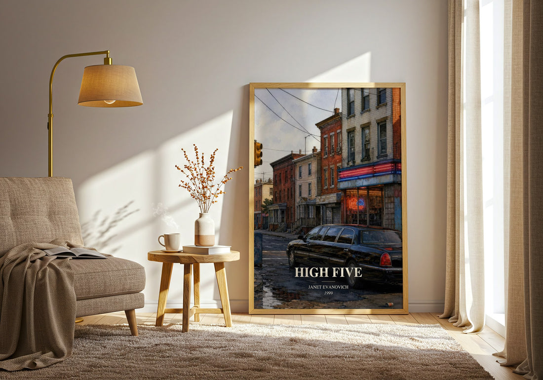 High Five watercolour print in frame leaning in hallway – mystery wall art (mockup)