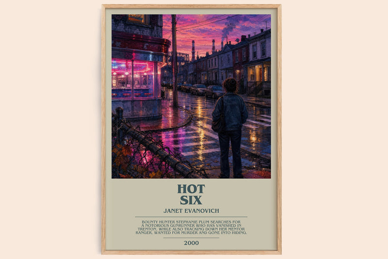 Hot Six bookish book poster by Janet Evanovich – framed literary art print