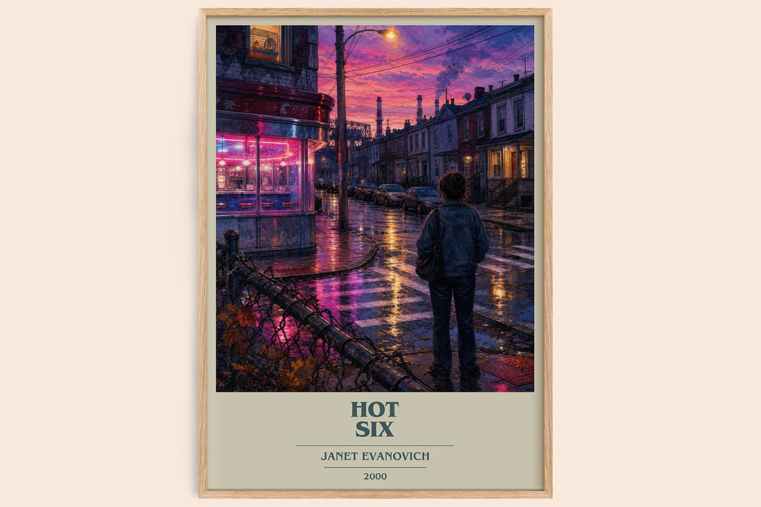 Hot Six book cover book poster by Janet Evanovich – framed literary art print