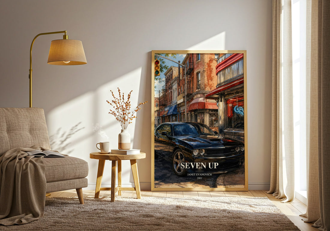 Seven Up watercolour print in frame leaning in hallway – mystery wall art (mockup)