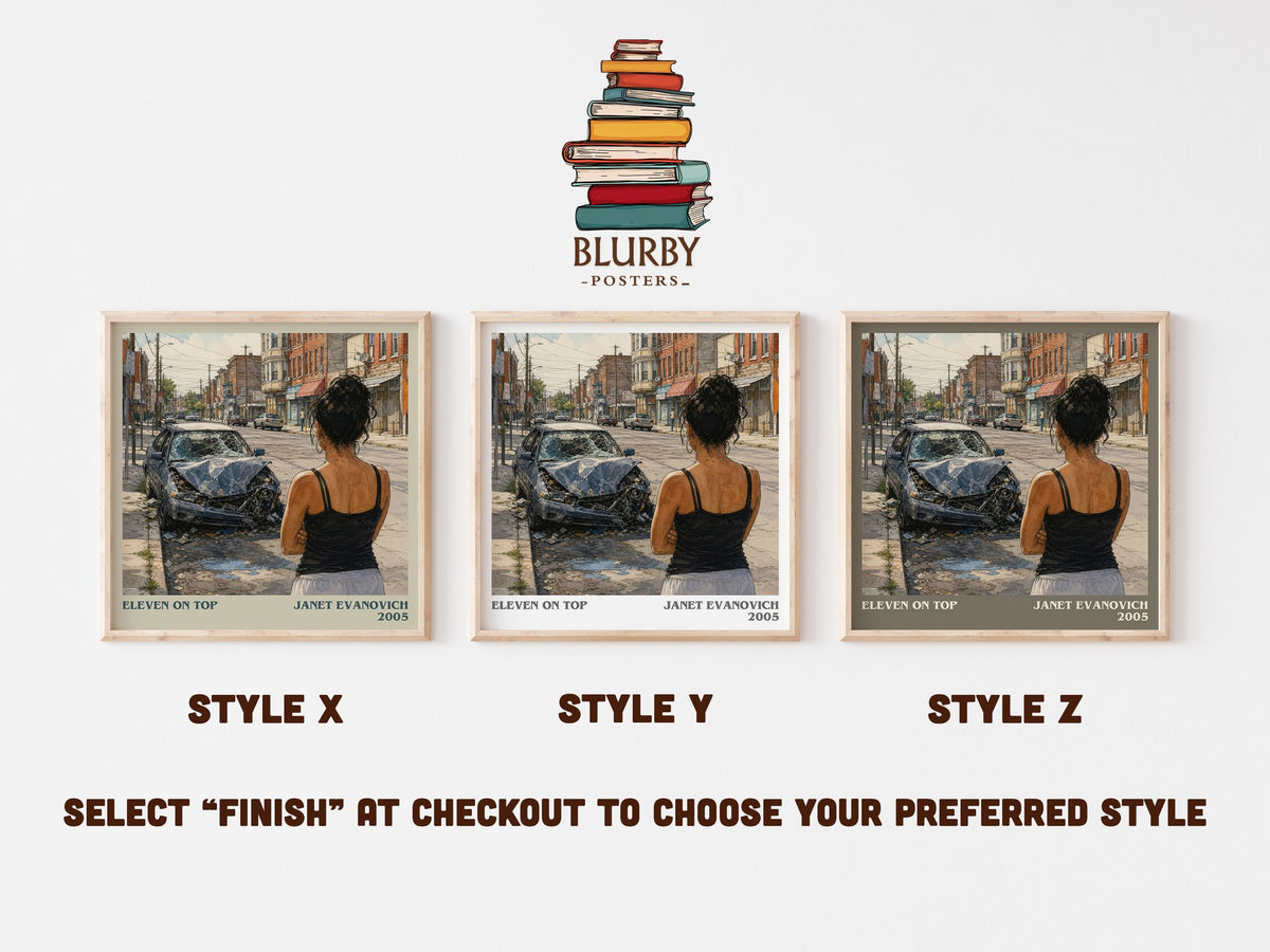 Eleven on Top literary print in frame leaning in hallway – mystery wall art (mockup)