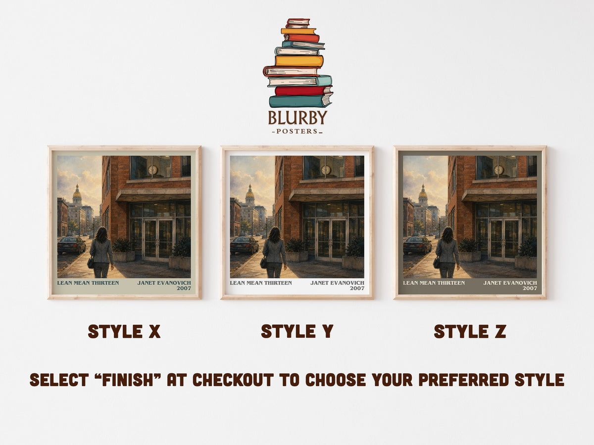 Lean Mean Thirteen literary print in frame leaning in hallway – mystery wall art (mockup)