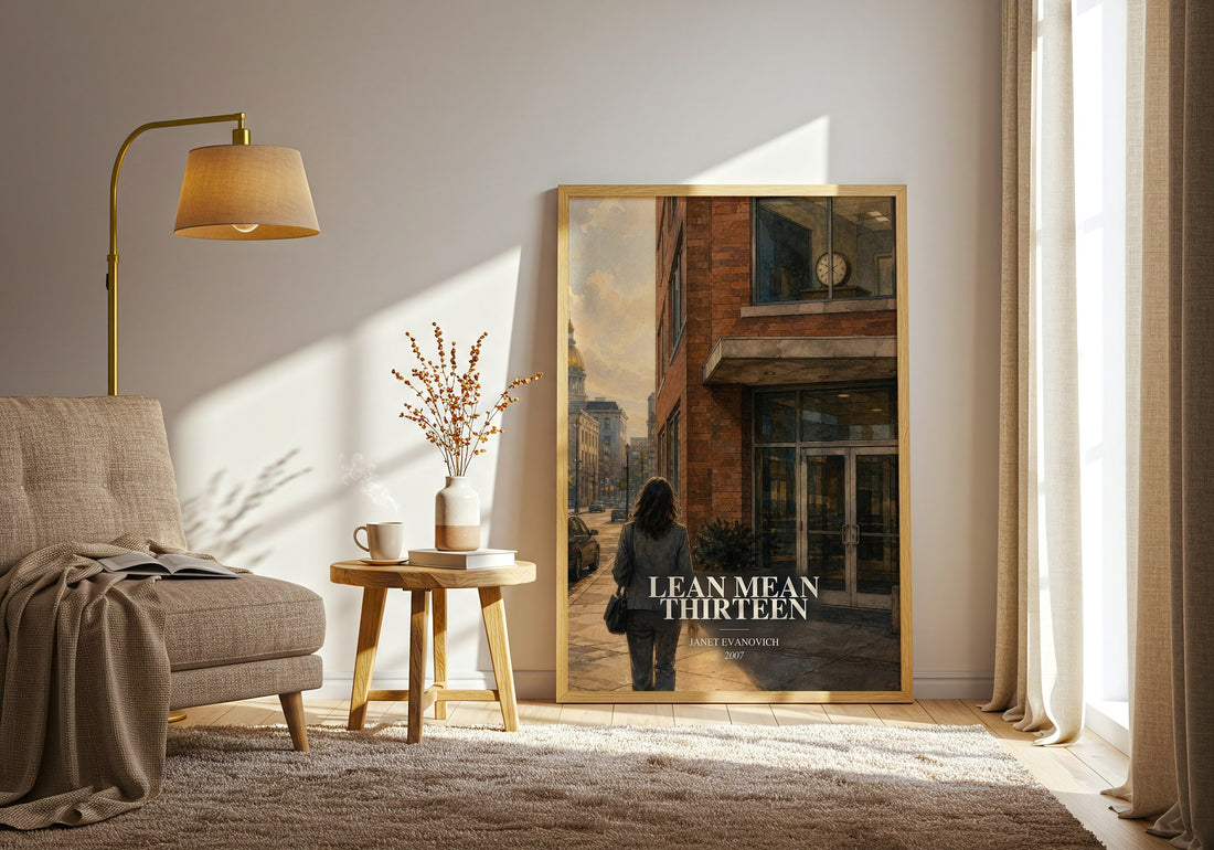 Lean Mean Thirteen watercolour print in frame leaning in hallway – mystery wall art (mockup)