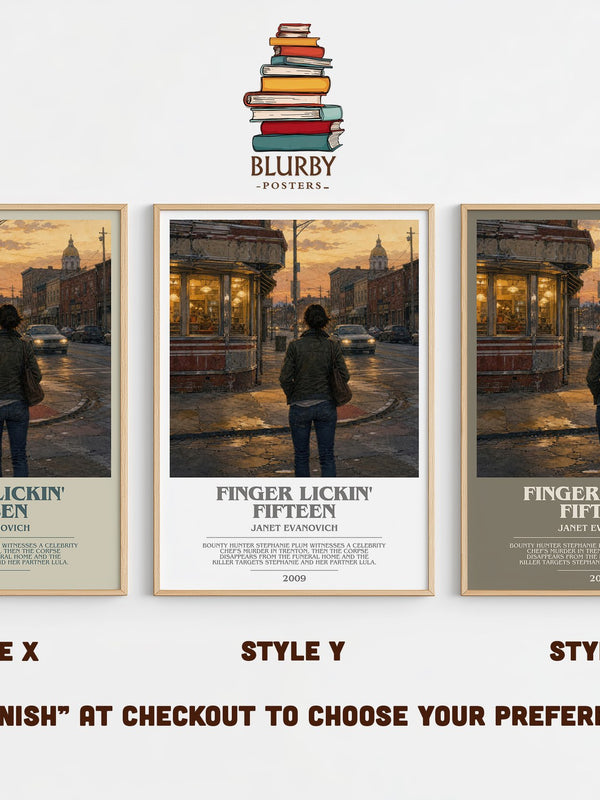 Finger Lickin' Fifteen bookish print in frame leaning in hallway – crime wall art