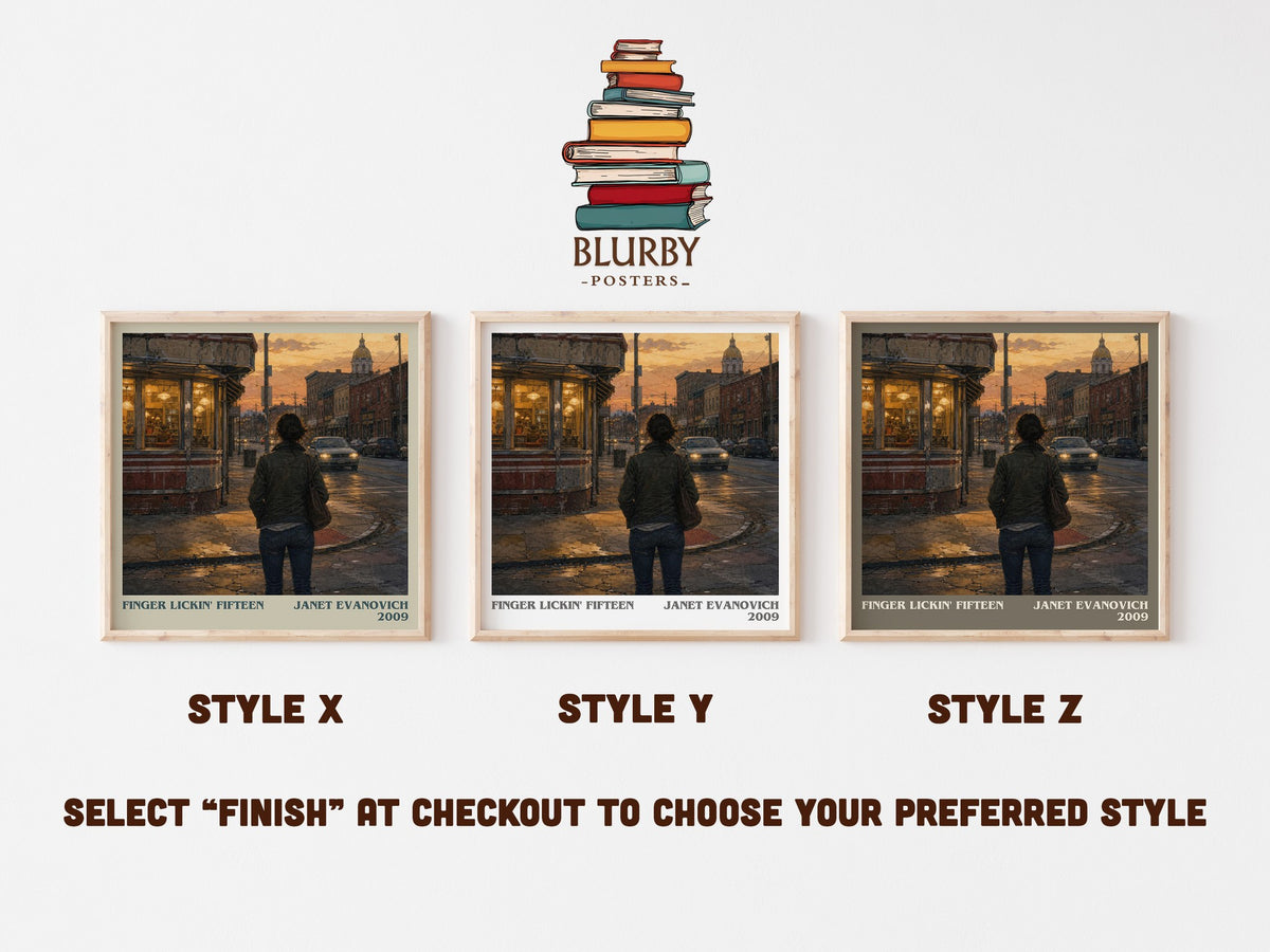 Finger Lickin' Fifteen literary print in frame leaning in hallway – crime wall art (mockup)