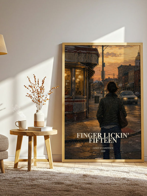 Finger Lickin' Fifteen watercolour print in frame leaning in hallway – crime wall art
