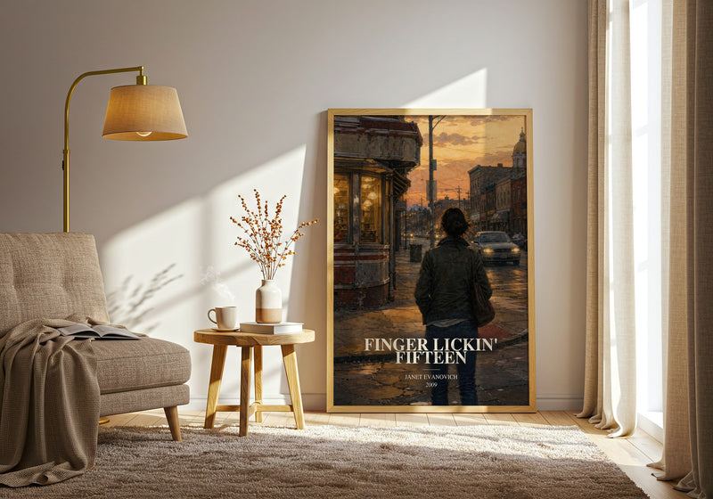 Finger Lickin' Fifteen watercolour print in frame leaning in hallway – crime wall art