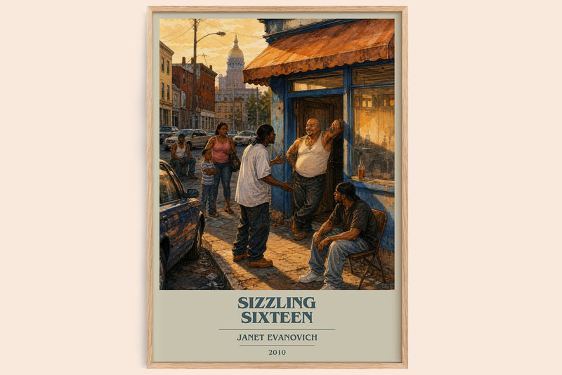 Sizzling Sixteen book cover book poster by Janet Evanovich – framed literary art print