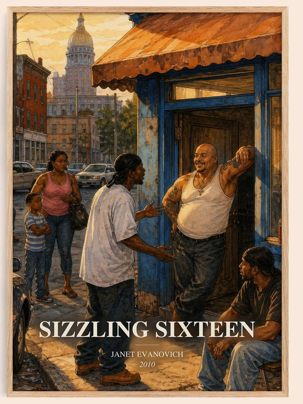 Sizzling Sixteen watercolour book poster by Janet Evanovich – framed literary art print