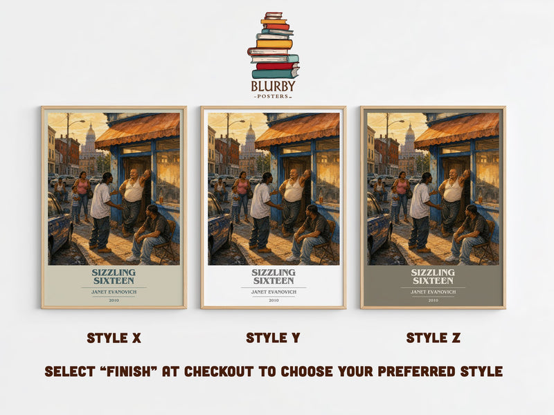 Sizzling Sixteen book cover print in frame leaning in hallway – mystery wall art
