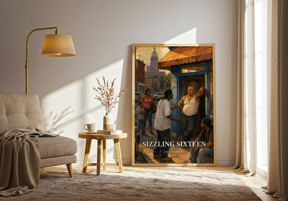 Sizzling Sixteen watercolour print in frame leaning in hallway – mystery wall art (mockup)