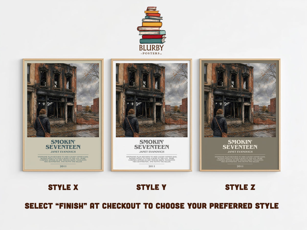 Smokin' Seventeen bookish print in frame leaning in hallway – mystery wall art (mockup)