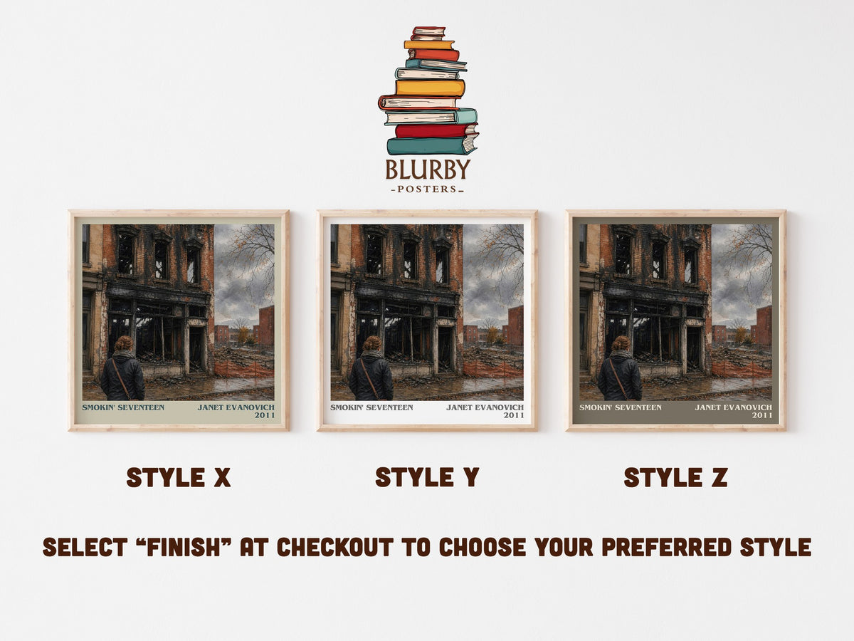 Smokin' Seventeen literary print in frame leaning in hallway – mystery wall art (mockup)
