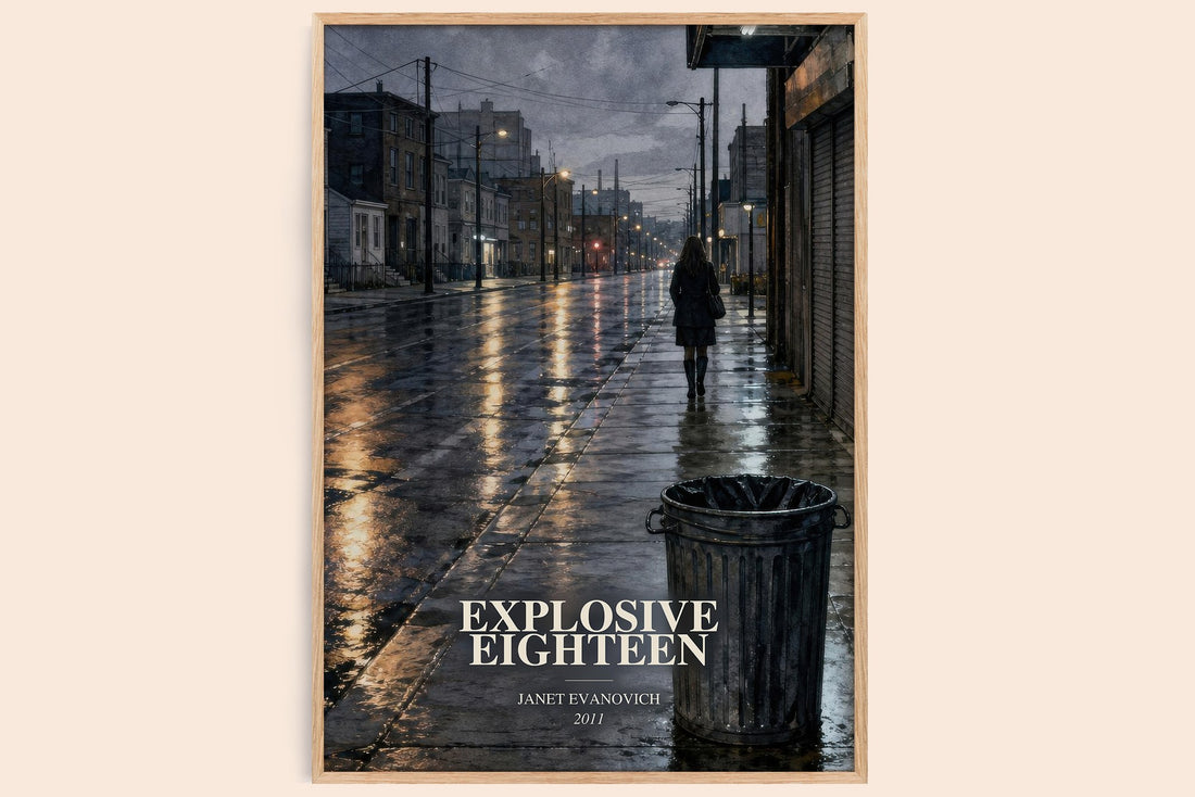Explosive Eighteen watercolour book poster by Janet Evanovich – framed literary art print
