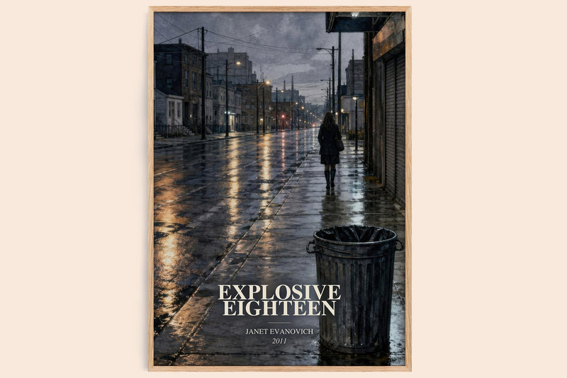 Explosive Eighteen watercolour book poster by Janet Evanovich – framed literary art print
