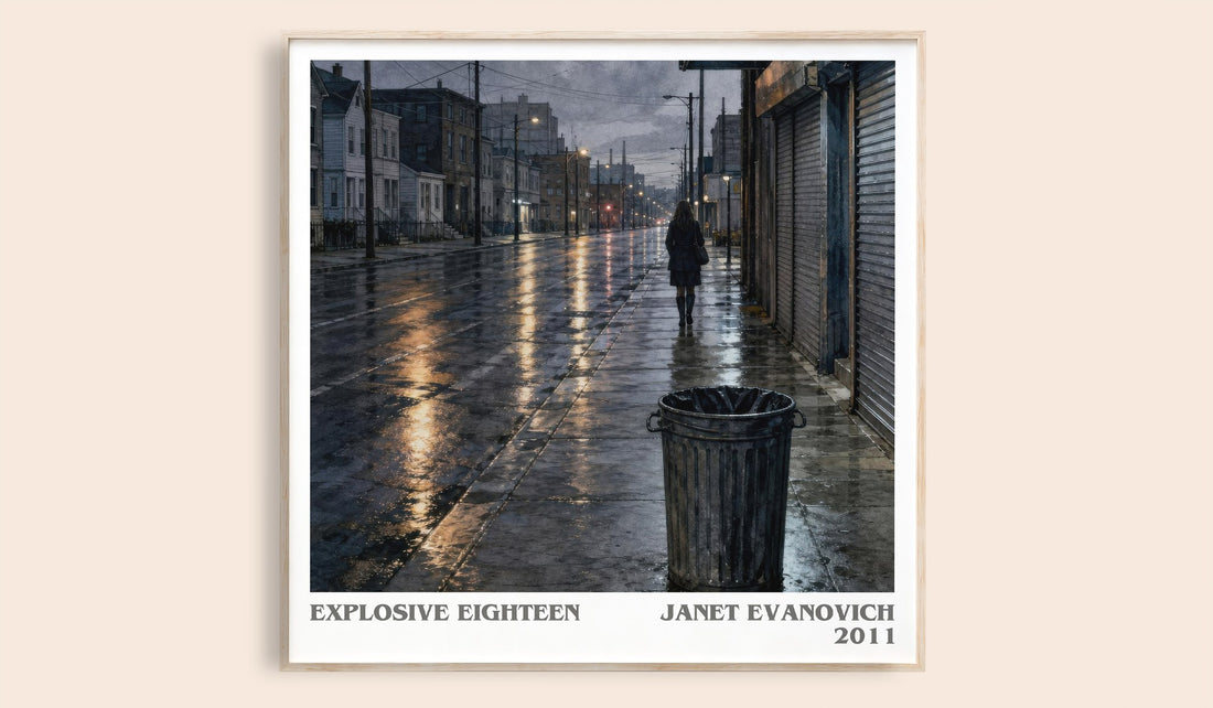 Explosive Eighteen literary book poster by Janet Evanovich – framed literary art print