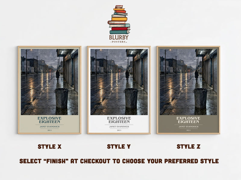Explosive Eighteen book cover print in frame leaning in hallway – crime wall art