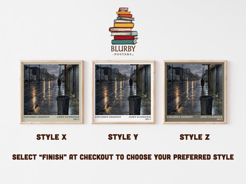 Explosive Eighteen literary print in frame leaning in hallway – crime wall art