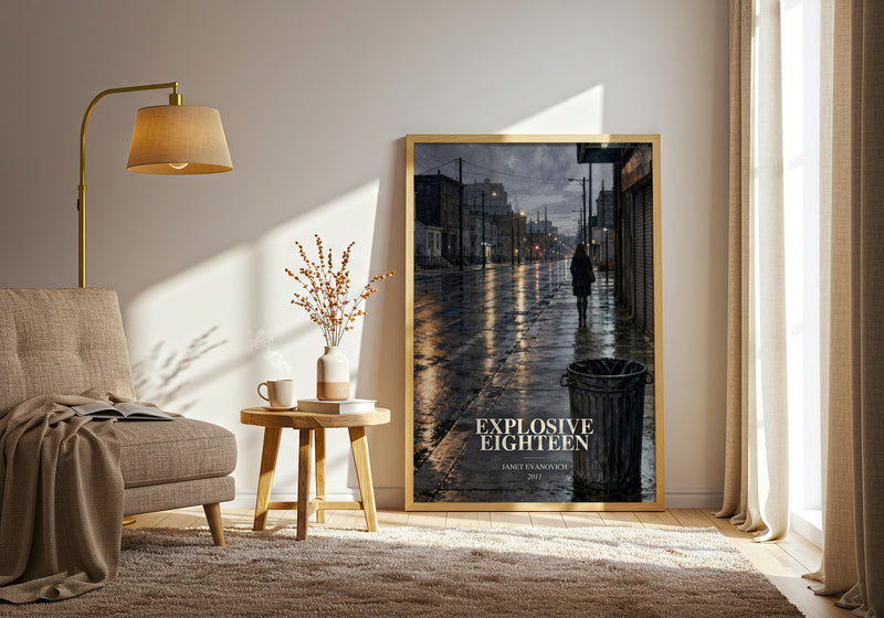 Explosive Eighteen watercolour print in frame leaning in hallway – crime wall art