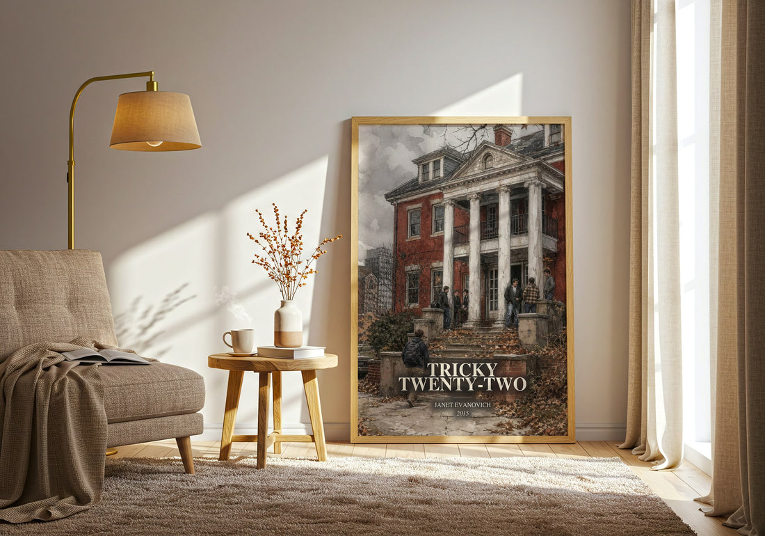 Tricky Twenty-Two watercolour print in frame leaning in hallway – mystery wall art (mockup)