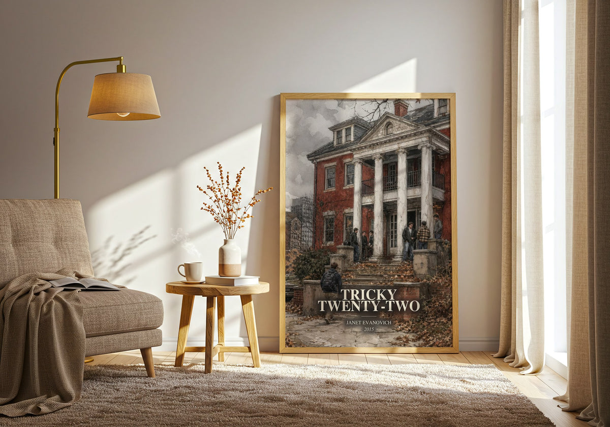 Tricky Twenty-Two watercolour print in frame leaning in hallway – mystery wall art (mockup)