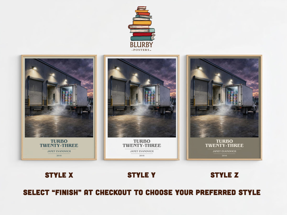 Turbo Twenty-Three book cover print in frame leaning in hallway – mystery wall art (mockup)