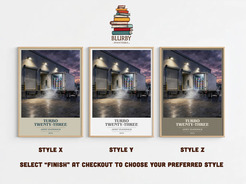 Turbo Twenty-Three book cover print in frame leaning in hallway – mystery wall art
