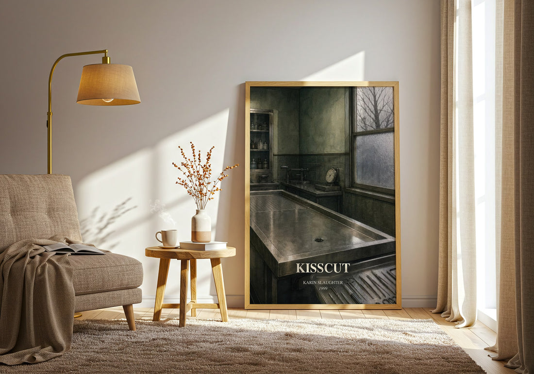 Kisscut watercolour print in frame leaning in hallway – crime wall art (mockup)