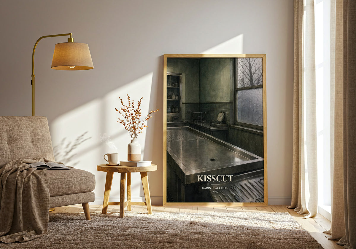 Kisscut watercolour print in frame leaning in hallway – crime wall art (mockup)