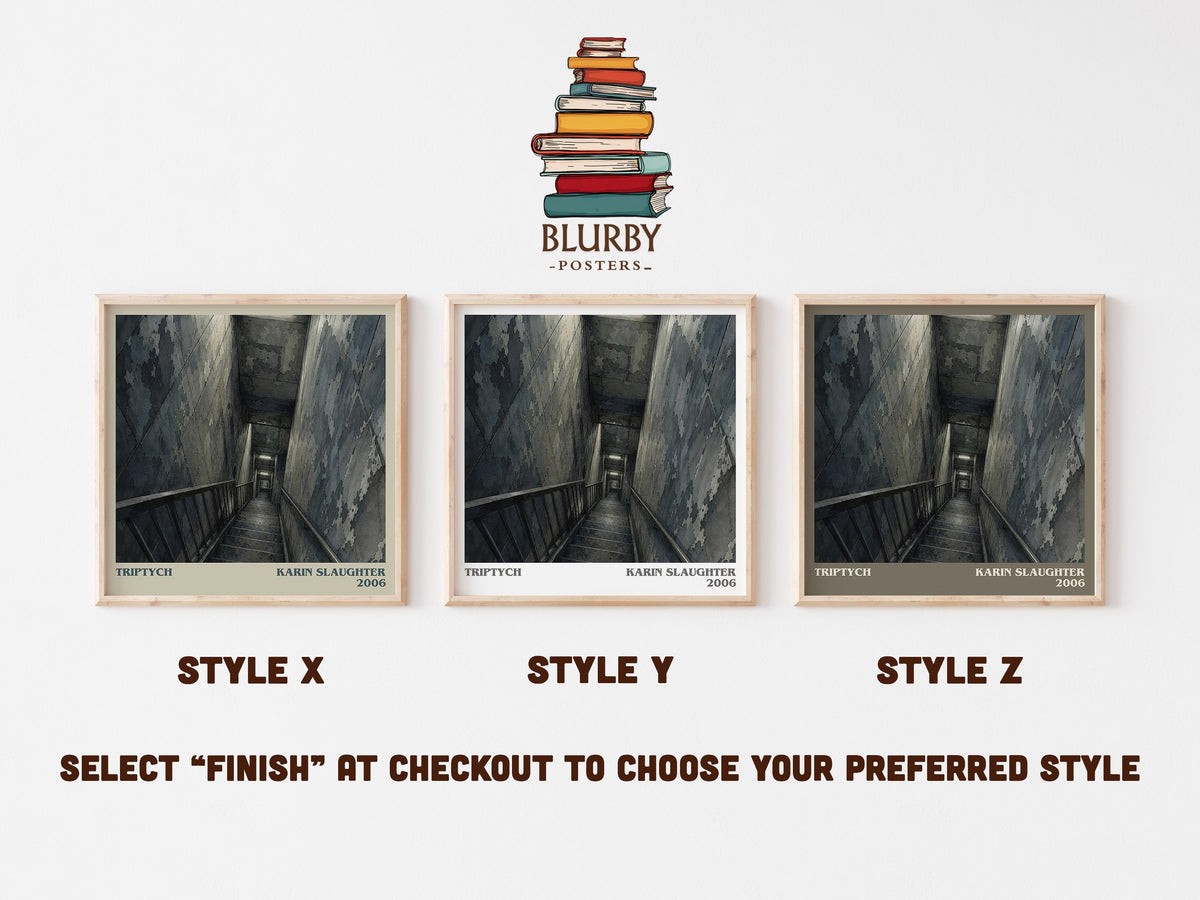 Triptych literary print in frame leaning in hallway – crime wall art (mockup)