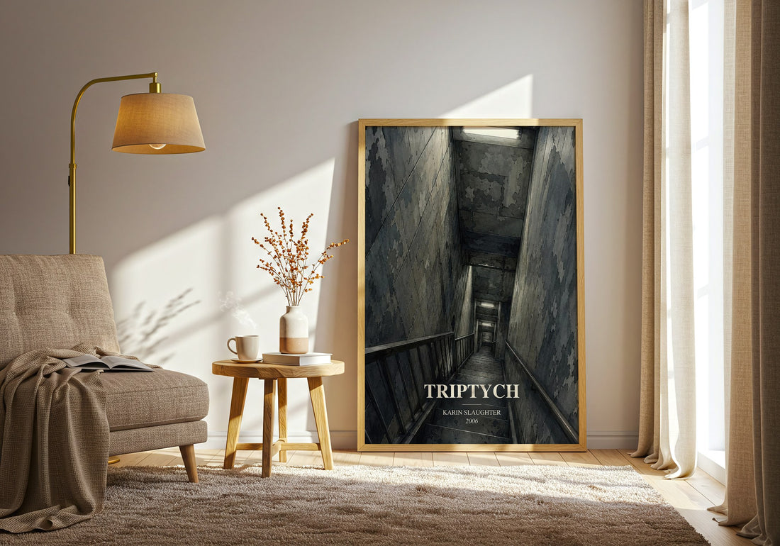 Triptych watercolour print in frame leaning in hallway – crime wall art (mockup)