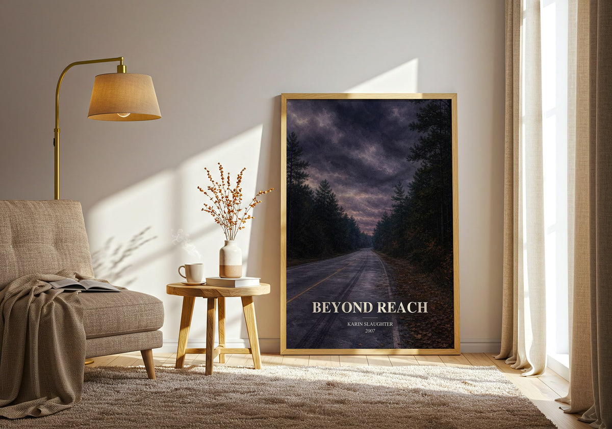 Beyond Reach watercolour print in frame leaning in hallway – crime wall art (mockup)