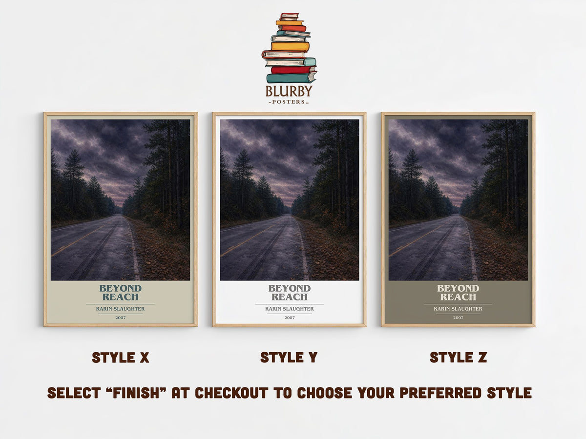 Beyond Reach book cover print in frame leaning in hallway – crime wall art (mockup)