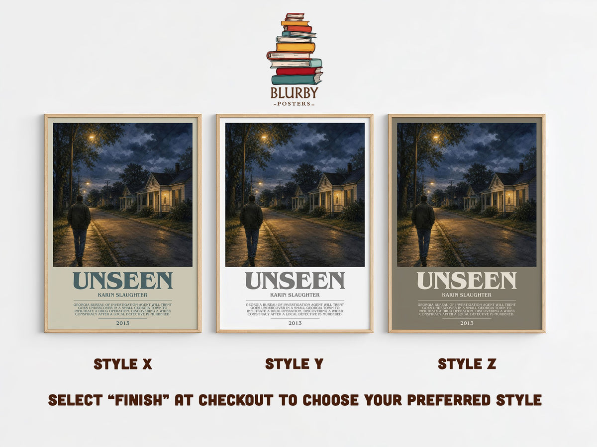 Unseen bookish print in frame leaning in hallway – crime wall art (mockup)