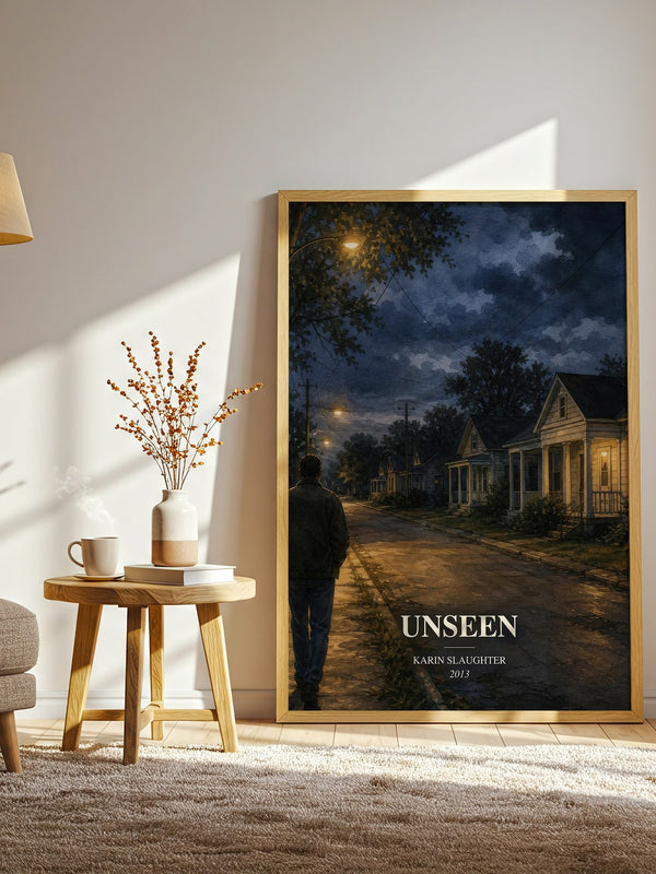 Unseen watercolour print in frame leaning in hallway – crime wall art