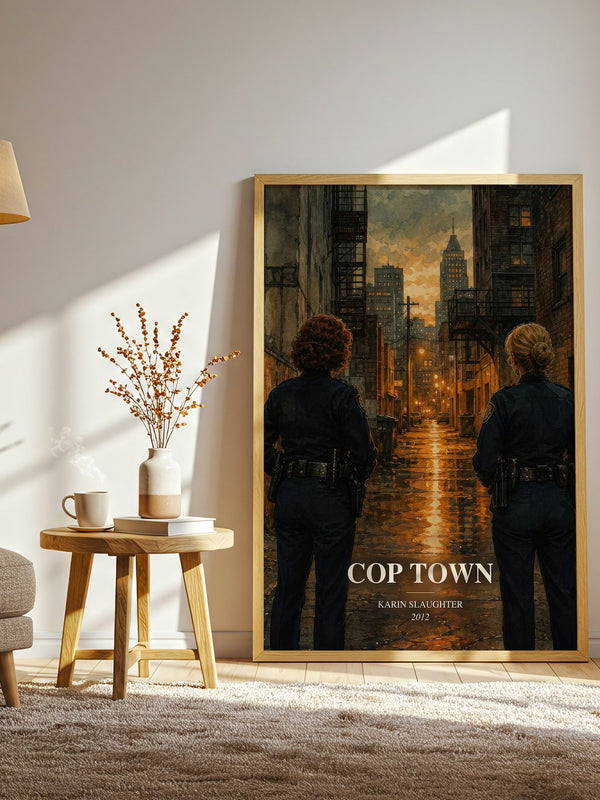 Cop Town watercolour print in frame leaning in hallway – crime wall art