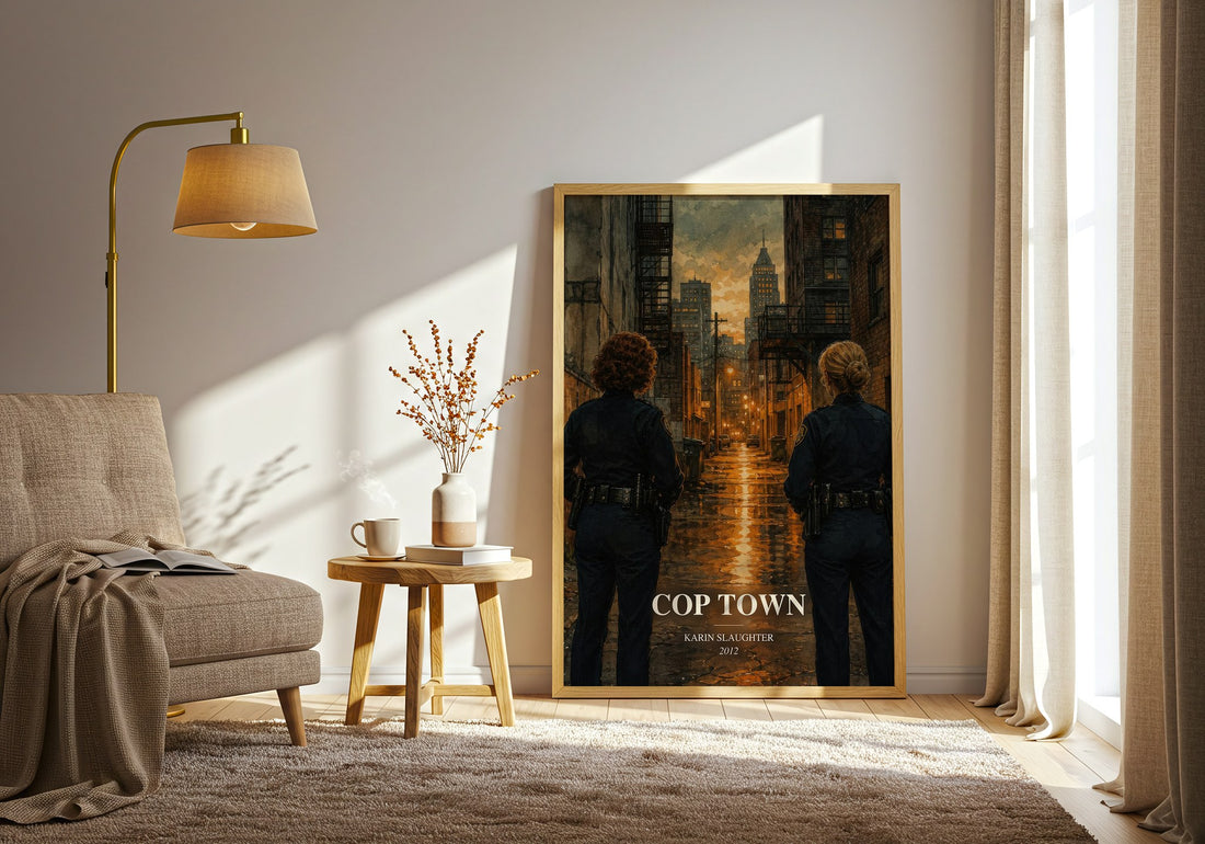 Cop Town watercolour print in frame leaning in hallway – crime wall art (mockup)