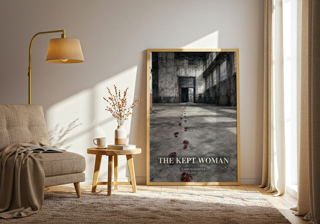 The Kept Woman watercolour print in frame leaning in hallway – crime wall art (mockup)